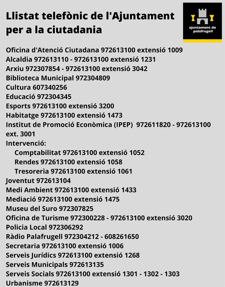 Llistat de telèfons i extensions de l'Ajuntament de Palafrugell Llistat de telèfons i extensions de l'Ajuntament de Palafrugell